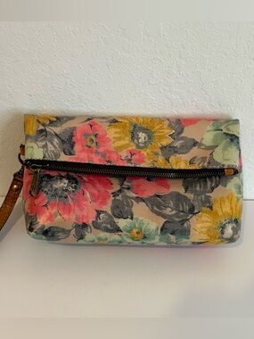 Patricia Nash Italian leather Floral  pastel colorful Foldover Wristlet Clutch